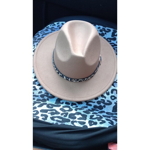 New! Women's Wide Brim Felt Fedora Panama Hat with Leopard Print Buckle - Picture 4 of 9